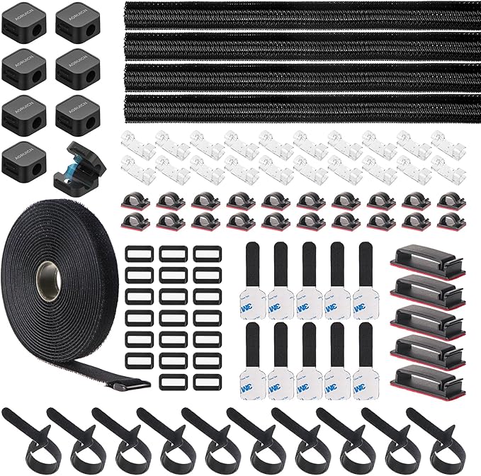 98 PCS Cable Management Kit, 4 Cable Sleeve, 8 Magnetic Cable Holder, 10 Self Adhesive Cord Organizer, 45 Cable Clips, 10+1 Roll Reusable Cable Ties with 20 Buckles for Computer TV Under Desk