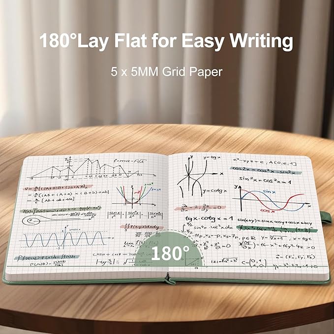 AHGXG Graph Paper Notebook - Grid Notebook Journal A5, 120 GSM Thick Graph Paper, 160 Pages, Leather Hardcover, for Graphing, Writing, Math, Engineering, 5.75'' × 8.38''- Sage Green