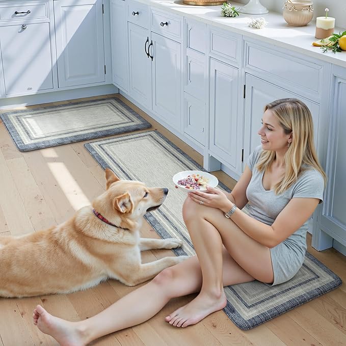 KIMODE Anti Fatigue Kitchen Mat 2PCS,Non-Skid Waterproof Kitchen Rugs,Farmhouse Kitchen Mat for Floor,Cushioned Comfort Foam Standing Mat for Floor,Office,Sink,Desk,Laundry,Blue and Gray