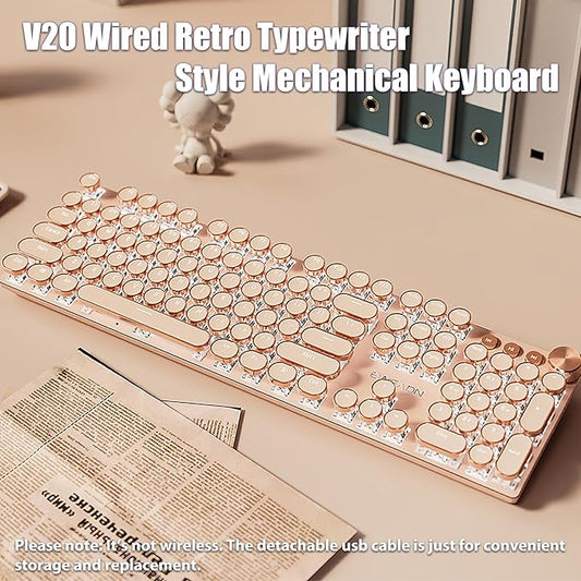 Typewriter Style Mechanical Gaming Keyboard White LED Backlit 104-Key NKRO Pink Switches Retro Round Keycaps Golden Ring Volume Knob Metal Panel Wired USB-C Detachable Cable, Rose Gold