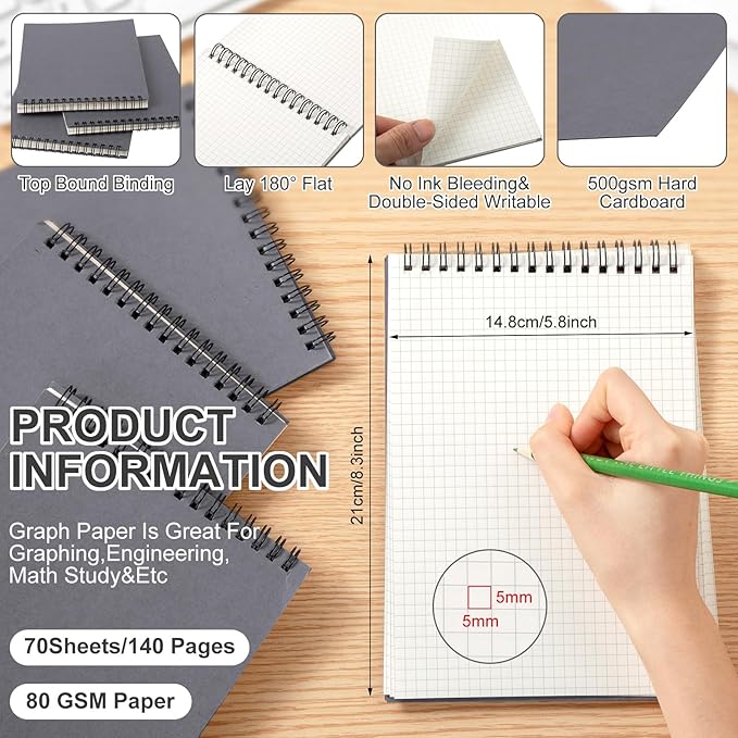 6 Pack Graph Paper Spiral Notepad A5 Top Wirebound Notepad Grid Notebook Steno Pads Memo Notebook Grid Paper 140 Pages for Writing Sketching Drawing Office Supplies (Dark Grey)