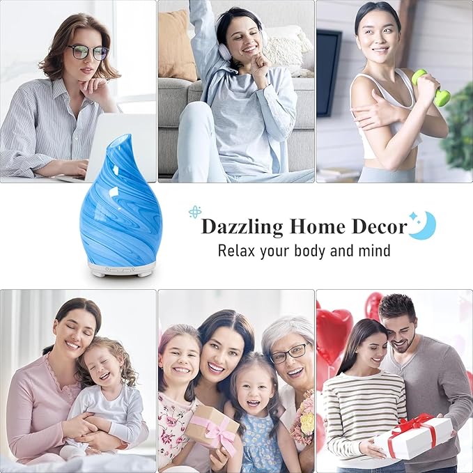 Essential Oil Diffuser Aromatherapy Diffuser- 120ml Art Glass Ultrasonic Cool Mist Scent Aroma Oil Diffuser with Auto Shut-Off Protection & 7 Colors Night Light for Home Office Decor&Gift (Blue)