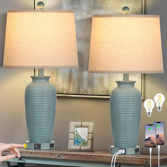 25" Farmhouse Jar Table Lamps Set of 2, 3 Way Touch Control Rustic Bedside Lamps with USB A+C Ports & AC Outlet, Pot Nightstand Lamps for Bedroom Living Room (LED Bulbs Included)