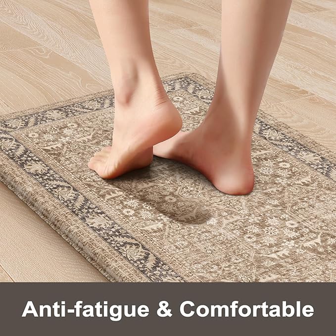KIMODE Anti Fatigue Kitchen Mat 17.3"x29", Vintage Kitchen Floor Mats Non Slip, Waterproof Kitchen Mat for Floor, Farmhouse Comfort Standing Mat for Laundry, Office, Sink, Desk Brown
