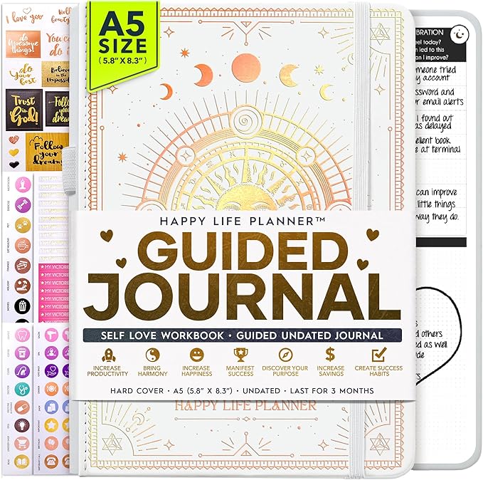 Guided Journal - Gratitude & Mental Health Journal for 5 Minute Daily | 90-Day Undated Planner for Positivity & Manifestation | Guided Mindfulness, Self Care & Reflection | Vision Board + Stickers