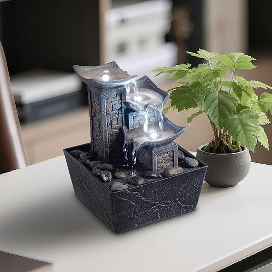 Tabletop Fountain Indoor Waterfall – 3-Tier Black Zen Decor with Pebble Base, White LED Light, Water Pump & On/Off Switch – Desktop Feng Shui Relaxation Gift for Home or Office (21110B)