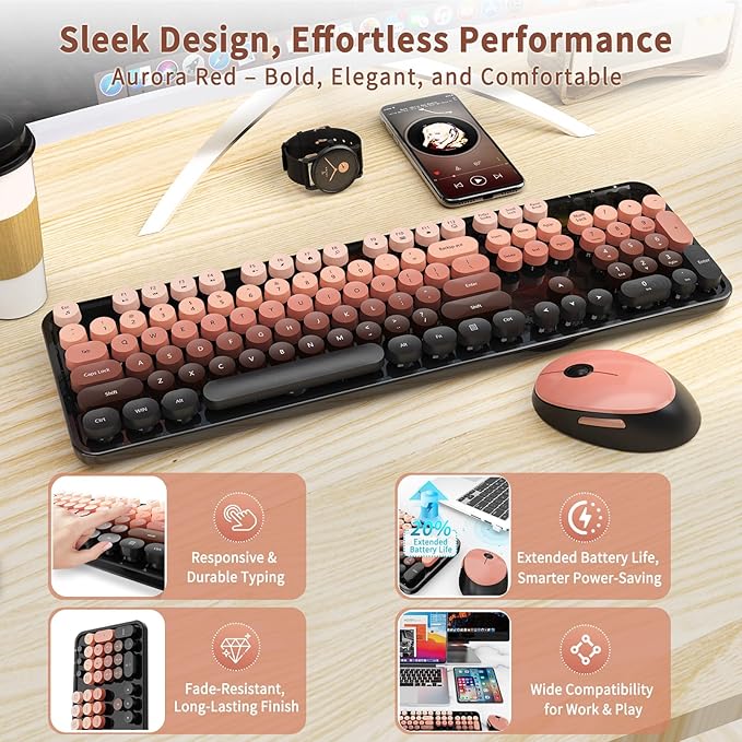 Wireless Keyboard and Mouse Combo, Full-Size Retro Typewriter Keyboard with Round Keycaps, Ergonomic Design for Windows PC, Home and Office Use -Red