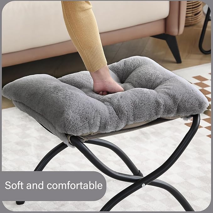 LITA Folding Upholstered Footrest Stool, Modern Small Portable Accent Ottoman with Detachable Thick Cotton Cushion Padded Sofa Stool with Metal Frame for Lazy Chair, Living Room & Bedroom, Plush Grey