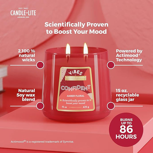 Candle-Lite Vibes Amber Floral Mood-Enhancing Scented Candles, 15 oz Jar, Aromatherapy, Proudly Poured in The USA, 2-Wick, 86 Hours Burn Time, Perfect Relaxation Gift