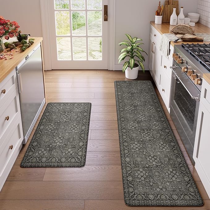 KIMODE Kitchen Mat for Floor Cushioned Anti Fatigue, 20"x71"+20"x32" Farmhouse Kitchen Rugs Sets of 2, Non Slip Waterproof Kitchen Floor Mat, Standing Mat for Sink Laundry Office Desk Green/Grey