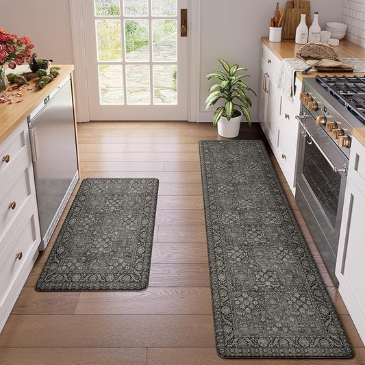 KIMODE Kitchen Mat for Floor Cushioned Anti Fatigue, 20"x71"+20"x32" Farmhouse Kitchen Rugs Sets of 2, Non Slip Waterproof Kitchen Floor Mat, Standing Mat for Sink Laundry Office Desk Green/Grey