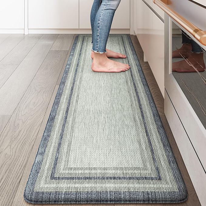 KIMODE Farmhouse Kitchen Runner Rug,17.3" x 59" Anti Fatigue Kitchen Mats for Floor Cushioned,Non-Skid Waterproof Kitchen Floor Standing Mat for Front Sink,Laundry Room,Blue and Gray