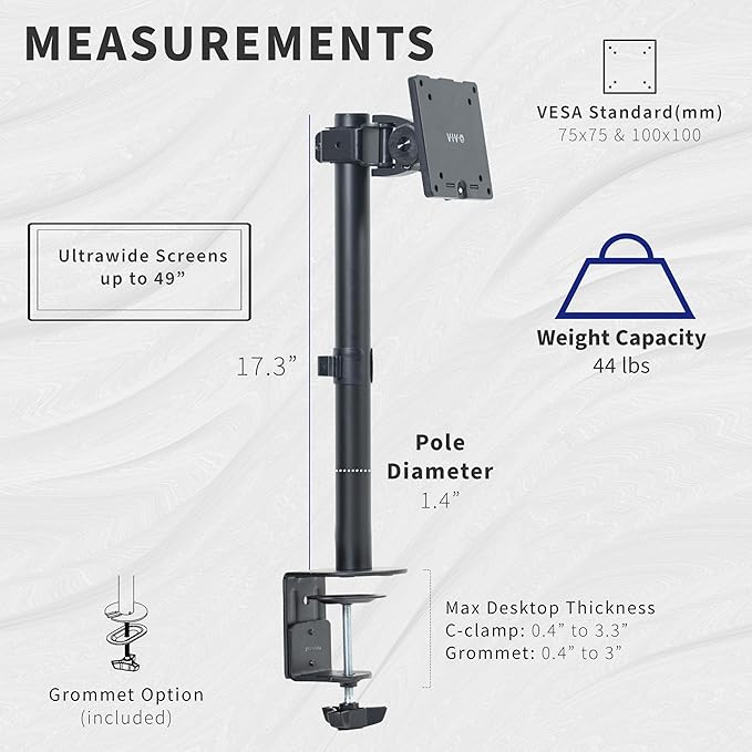 VIVO Clamp-on Single Ultra Wide Monitor Desk Mount, Low Profile Heavy Duty Adjustable Stand for 1 Ultrawide Screen up to 49 inches, 44 lbs Capacity, Black, STAND-V100C