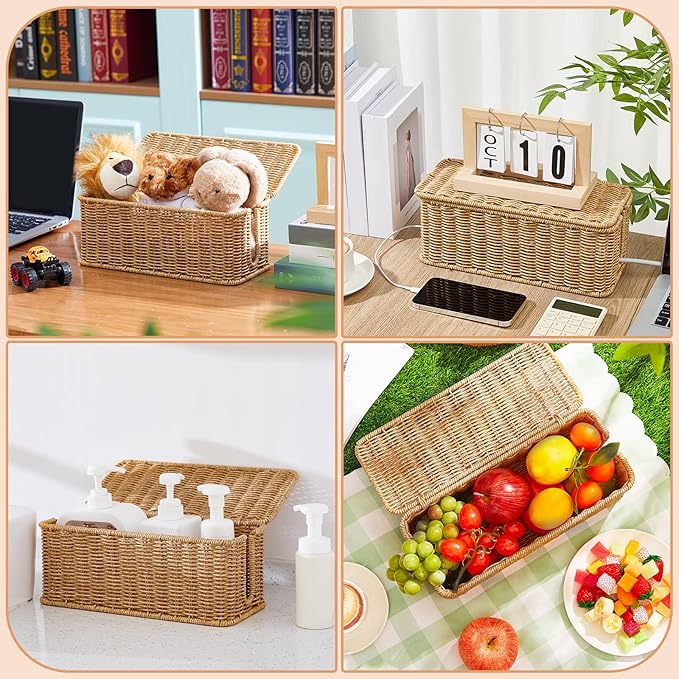 Marsui Cable Management Box Synthetic Rattan Cord Organizer Box Cable Hider Box Storage Wire Box with 2 Open Slots for Home Office Desk Computer TV Wires USB Hub (Medium, 1)