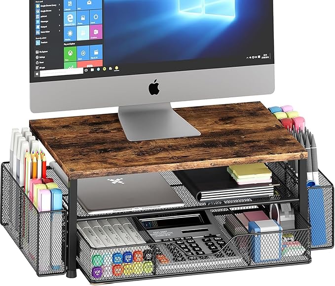 Desk Organizers and Accessories, 2-Tier Computer Monitor Stand Riser with Drawer and 2 Pen Holders, Laptop Stand, Office Desk Accessories for Office Supplies, Brown