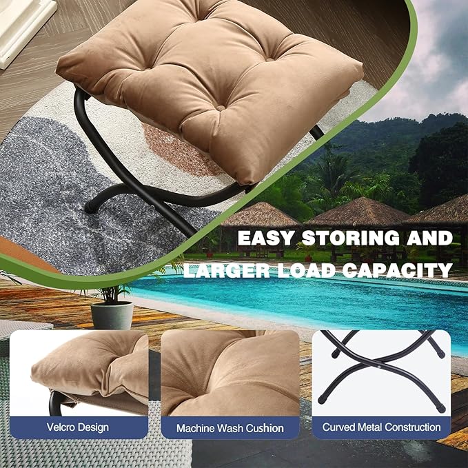 15" Foldable Foot Stool Ottoman with Metal Frame - Washable Khaki Upholstered Indoor/Outdoor Footrest for Living Room, Bedroom, Patio - Space-Saving Compact Design