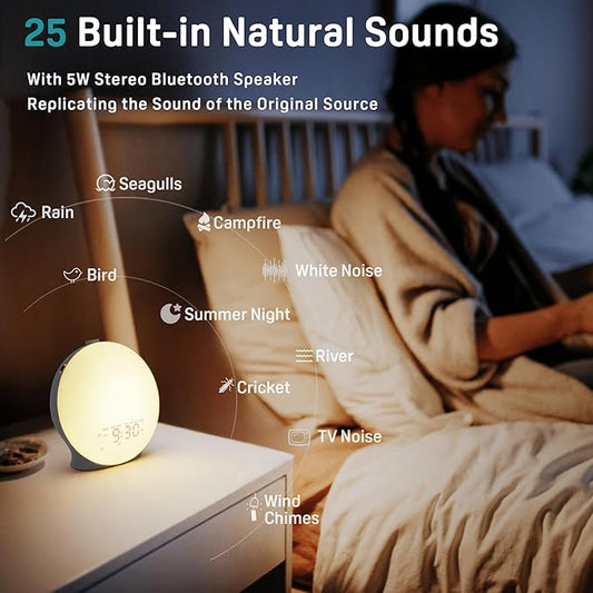 Sunrise Alarm Clock White Noise Sound Machine with 25 Soothing Sounds, 17 NightLights, Bluetooth Speaker Wake Up Light Alarm Clock for Bedrooms, Heavy Sleepers, Baby, Kids, Adults, Seniors, Ideal Gift