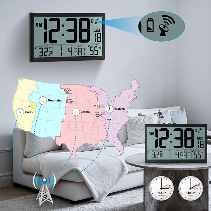 SZELAM Atomic Clock,16.7" Large Display Digital Wall Clock Battery Operated,Digital Calendar Auto Setting Desk Clocks with Indoor Temperature, Humidity,Date,Day,Auto DST for Elderly Bedroom Classroom