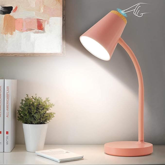 Desk Lamps for Home Office - Small LED Desk Lamp Touch Dimmable Reading Light for College Dorm Room - Adjustable Flexible Gooseneck Table Lamp for Bedside Bedroom Nightstand Pink