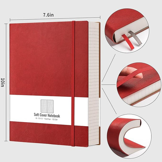 AHGXG Lined Journal Notebook - 320 Numbered Pages Large B5 Thick College Ruled Journal, 100gsm Thick Lined Paper, Faux Leather Softcover, for Work School, 7.6'' X 10''-Red
