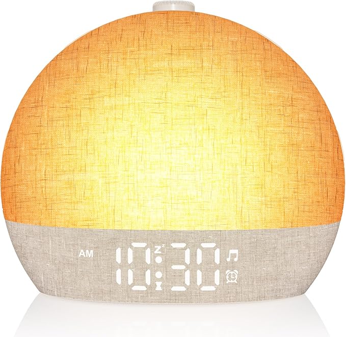 Wake Up Light Sunrise Alarm Clock, White Noise Sound Machine with 30 Soothing Sounds, Dimmable Night Lights, Sleep Aid, Snooze, Timer, Loud Alarm Clock for Heavy Sleepers Adults Kids, Ideal for Gift