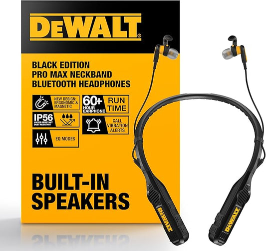 DEWALT Black Edition Pro Audio Bundle: Heavy-Duty 2-in-1 Bluetooth Neckband Headphones + Rugged EVA Travel Case