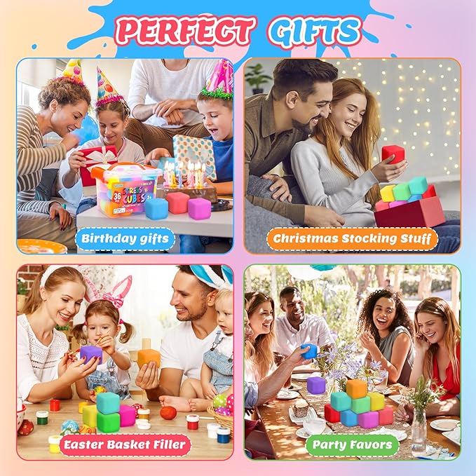 36 Pack Slow Rising Stress Cube, Dough Stress Balls Squishy Fidget Toys Bulk for Anxiety Relief, Soft Fidget Cube, Pull Stretch Squishy Toys for Classroom Prize, Party Favors for Kids Adults