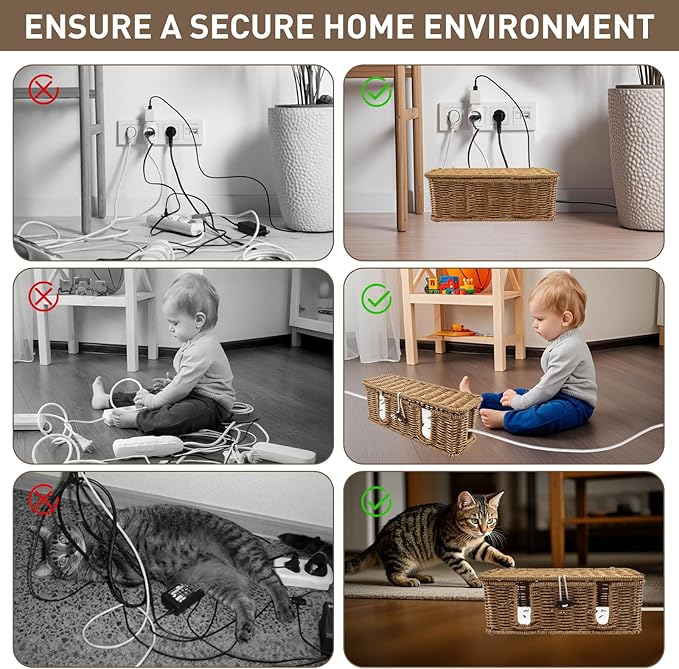 2 Pack Rattan Cable Management Box, Large Cord Organizer Box with Lid Under Desk Router Hider Storage Box with 4 Exits, Wire Box Hider for TV Wires Computer Surge Protector USB Hub Power Strip