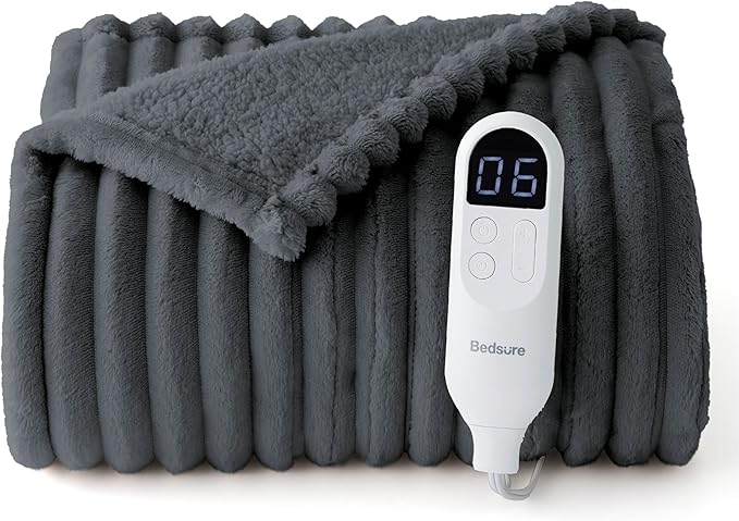 Bedsure Heated Blanket Electric Throw - Thick Striped Flannel Electric Blanket, Heating with 4 Time Settings, 6 Heat Settings, and 3-Hour Timer Auto Shut Off, Gift for Grandma (50x60 inches, Grey)