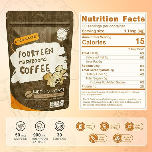 Mushrooms Coffee 14 in 1, Arabica Coffee with Lion's Mane, Reishi, Maitake, Turkey Tail, Chaga Fruiting Body Extract, MCT, Black Tea, 30% Beta-Glucan for Focus & Gut Health Support, 6.35oz