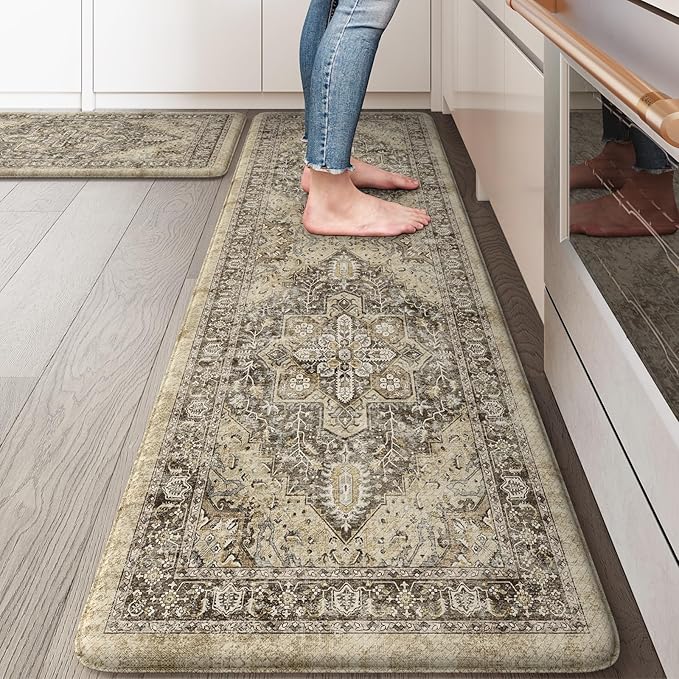 KIMODE Anti Fatigue Kitchen Mats for Floor, Boho Kitchen Rugs Sets of 2, Cushioned Kitchen Floor Mats, Comfort Standing Mat for Sink Laundry Office Desk Brown 17"x59"+17"x29"