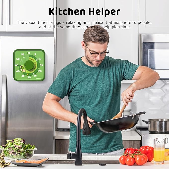 Secura 7.5-Inch Animal Pattern Visual Timer for Kids, 60-Minute Countdown Timer for Classroom or Kitchen, Durable Mechanical Timer Clock with Magnetic Backing (Green)