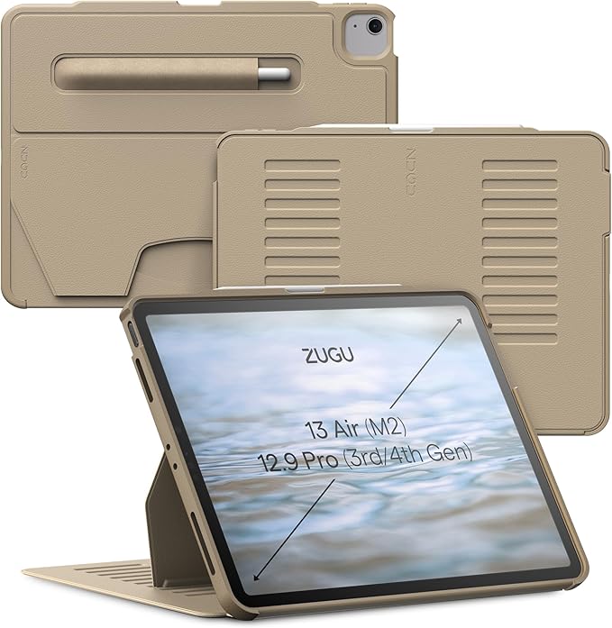 Zugu Case for iPad Air 13 Inch M3 2025 & M2 2024 &/12.9 inch (3rd/4th Gen), Slim Protective Cover with Apple Pencil Charging & Storage, Auto Wake/Sleep, Multiple Viewing Angles (Sand)