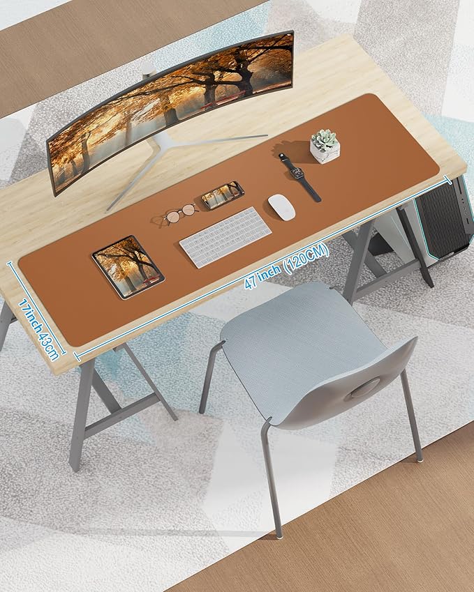 AFIING Leather Desk Pad Protector,Mouse Pad,Office Desk Mat, Non-Slip PU Leather Desk Blotter,Large desk mat,Waterproof Keyboard mat for Office/Home/Decor (Light Brown,48"" x 17"")