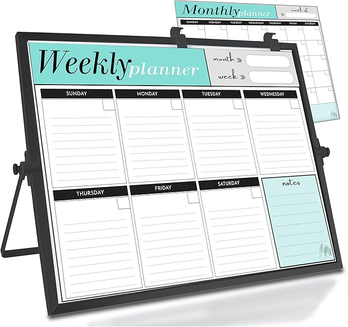 Weekly Dry Erase Board Black Frame, Desktop Calendar White Board with Weekly & Monthly Planners 12x16 inch, Magnetic to Do List with Stand, 6 Markers and Eraser. Whiteboard for Home and Office Desk