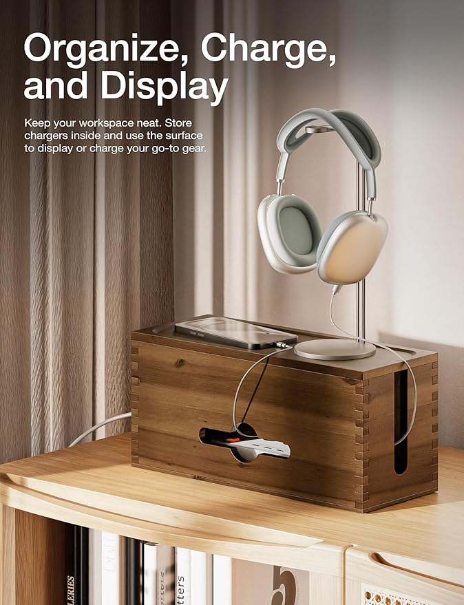 Acacia Large Cable Management Box - 15" L Cord Box Hider, Power Strip Box for Office - Cable Hider Box, Surge Protector Box - Wire Box Hider for Desk - 3 Open Slots, Magnetic Lid (Walnut color)