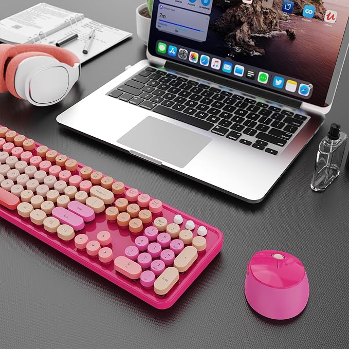 Wireless Keyboard and Mouse Combo, Ergonomic Full Size Typewriter Retro Round Keycaps Keyboard, Compatible with Windows, PC, Perfer for Home and Office Keyboards (Red)