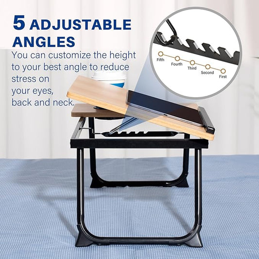 Laptop Desk for Bed Couch, Adjustable Foldable Bed Table with Cup Holder, Breakfast Serving Tray, Portable Laptop Lap Desk Stand for Working Reading Writing Eating Gaming in Bed Sofa Floor(Walnut)