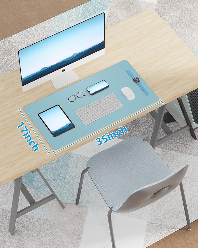 AFIING Leather Desk Pad Protector,Mouse Pad,Office Desk Mat, Non-Slip PU Leather Desk Blotter,Large Desk mat,Waterproof Keyboard mat for Office/Home/Decor (Light Blue,35"" x 17"")