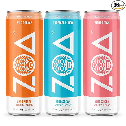 ZOA Zero Sugar Energy Drinks, Tropical Taste Pack - Sugar Free with Electrolytes, Healthy Vitamin C, Amino Acids, Essential B-Vitamins, and Caffeine from Green Tea - 12 Fl Oz (Pack Of 36)