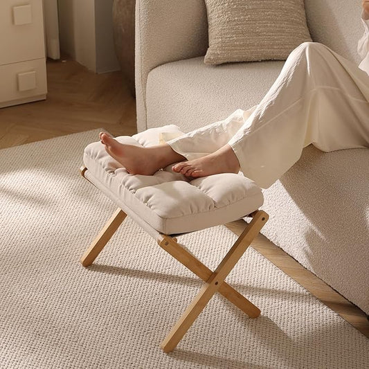 Folding Upholstered Footrest Stool, Small Accent Ottoman with Thick Cotton Cushion & Bamboo X Legs, Modern Padded Sofa Stool for Makeup Bedroom Living Room (Black)