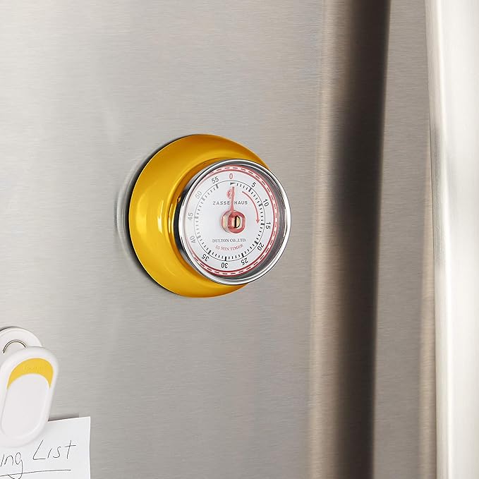 Zassenhaus Magnetic Retro Kitchen Timer, Classic Mechanical Cooking Timer (Yellow)
