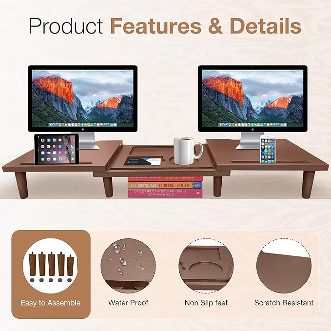 Dual Monitor Stand Riser - Solid Wood 3 Panels Laptop Riser with Storage for Phone/Mug - Home/Office Desk Organizer with Adjustable Length & Angle - Modern Computer Stand for PC, Laptop, & more (Brown)