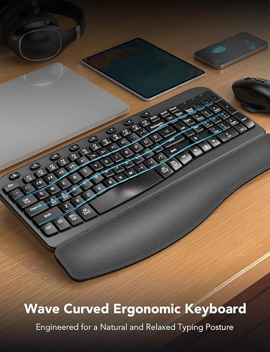 Wireless Keyboard and Mouse Combo – Ergonomic Wave Key, Built-in Leather Soft Palm Rest, 2.4G Full Size, 8 Hotkeys, 6-Button Mouse with 4-Level DPI, Dual USB-A/USB-C, Windows & macOS Compatible