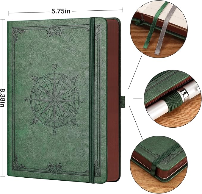 AHGXG Thick Journal Blank Notebook for Men - 320 Numbered Pages A5 Notebook for Writing, 100gsm Plain Paper, Vintage Leather Hardcover, for Women Work Office School, 5.75'' X 8.38''- Dark Green