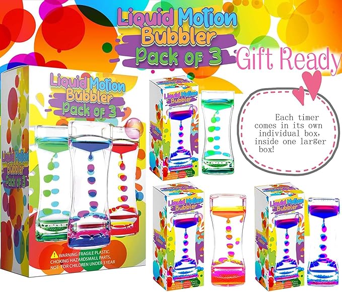 Liquid Motion Bubbler Sensory Timer, 2 Minute – Big Calming Sensory Bubble Toy for Kids with Autism ADHD Anxiety or Special Needs (3 Pack)