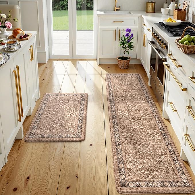 KIMODE Kitchen Mats Cushioned Anti Fatigue, Summer Boho Distressed Kitchen Rugs Sets of 2, Padded Kitchen Floor Mats, Non Slip Standing Mats for Sink Laundry Office Desk Brown 20"x71"+20"x32"