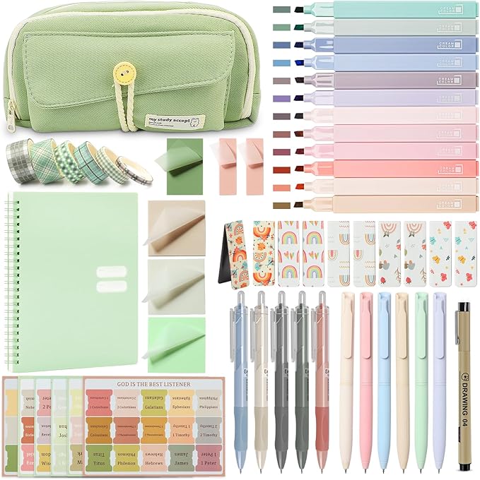54Pcs Bible Journaling Kit with Pencil Case, Bible Highlighters and Pens with Tabs, Notebook, Bible Study Supplies Journel Essentials Accessories Tools for Women,Back to School Gift (Green)