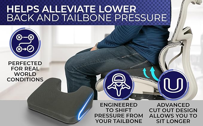 YogiBum Patented Cushion | Extra Large Tailbone Gap | Med Size for 150-190lbs | XL Size for 190lbs+ | Relief for LowBack, Tailbone, Sciatica, Hemorrhoids | Snug Fit on Office/Computer Chairs