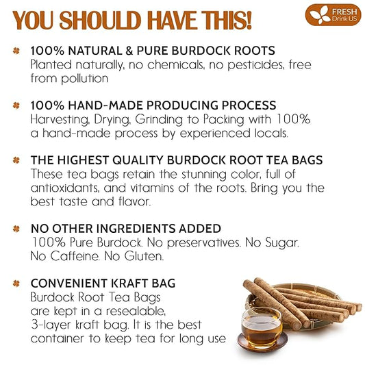 FreshDrinkUS Premium Burdock Root Tea Bags, 100% Natural & Pure. Burdock Herbal Tea, Made with Natural Material Tea Bags. No Sugar, No Caffeine, No Gluten, Vegan